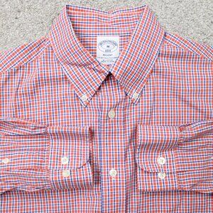 Brooks Brothers Shirt Mens Medium Regent Orange/Blue Cotton Long Sleeve Button